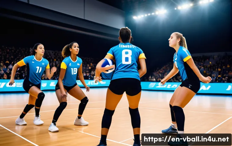 배구 경기 중 효율적인 작전 활용 - A dynamic volleyball match scene showing a diverse team of six players in modern athletic uniforms w...