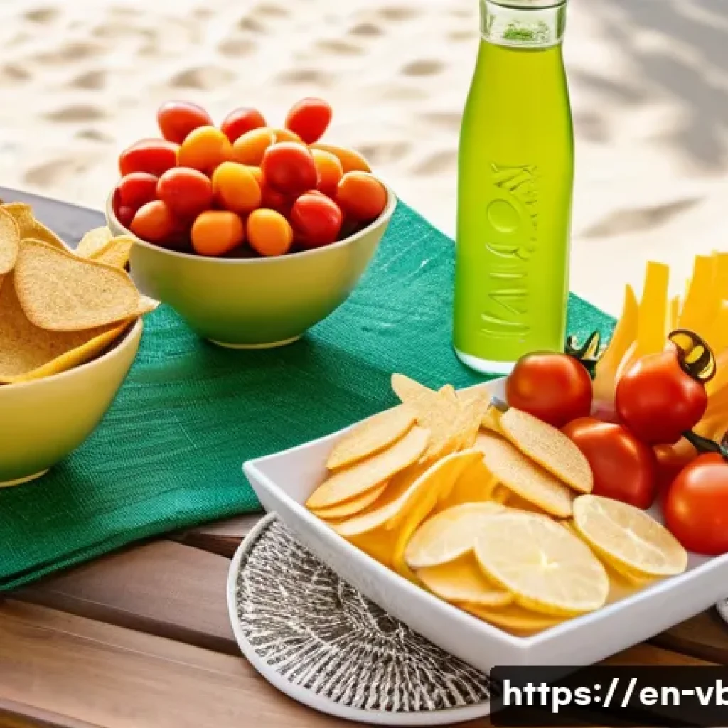 배구 경기와 함께 즐길 음식 - A vibrant snack table set up for a lively volleyball game viewing party, featuring clear glass bowls...