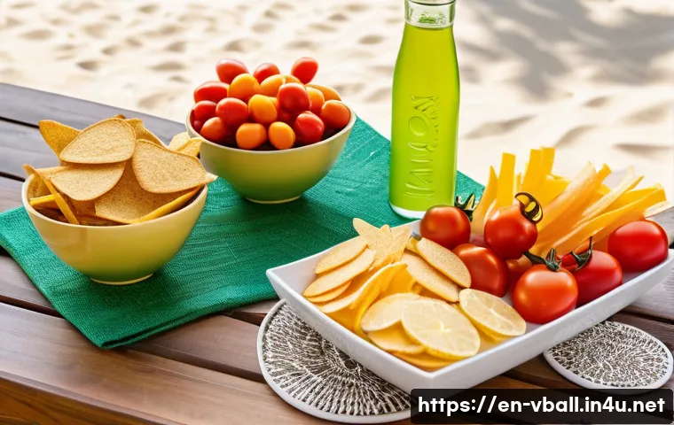 배구 경기와 함께 즐길 음식 - A vibrant snack table set up for a lively volleyball game viewing party, featuring clear glass bowls...