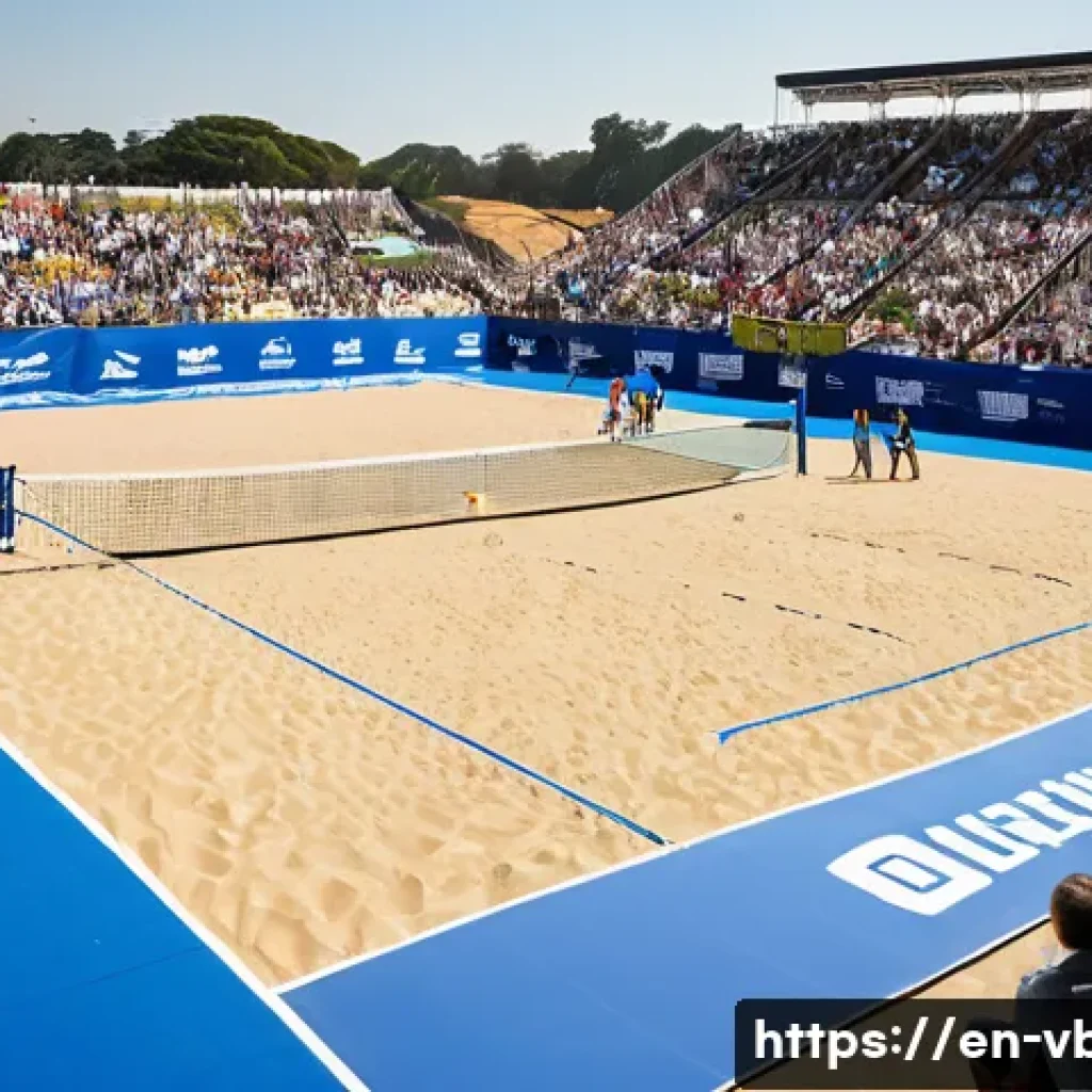 배구 대회 스폰서 모집 - A vibrant outdoor volleyball tournament scene featuring diverse players in athletic sportswear compe...