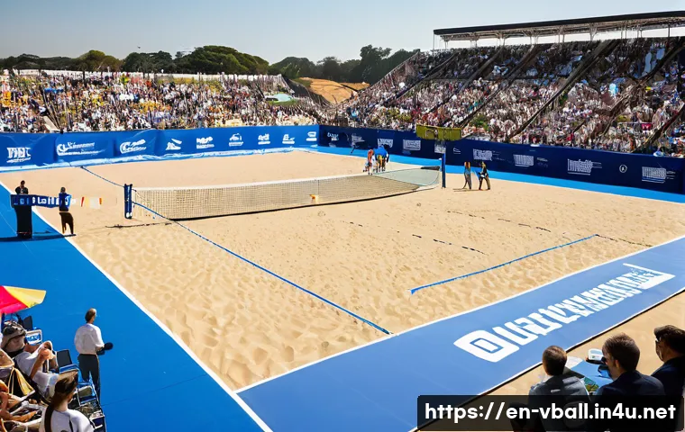 배구 대회 스폰서 모집 - A vibrant outdoor volleyball tournament scene featuring diverse players in athletic sportswear compe...