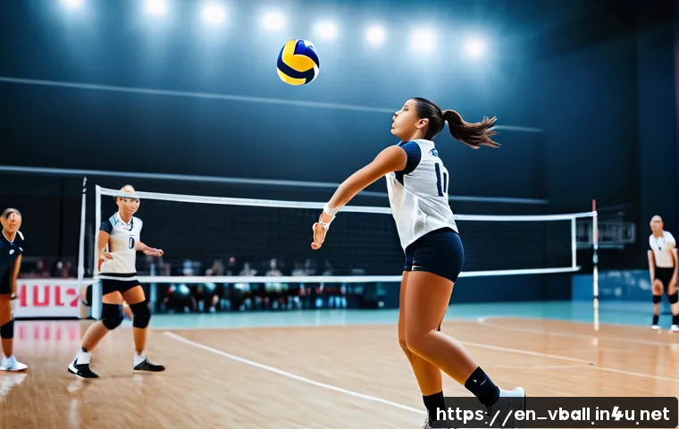 배구 경기 관련 블로그 - A dynamic scene of a female volleyball player executing a powerful jump serve on an indoor court, we...