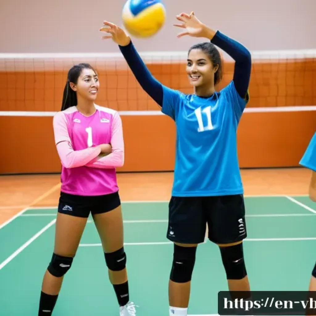 배구 대회 준비 과정 - A dynamic volleyball team practice scene on an indoor court featuring diverse teenage players wearin...