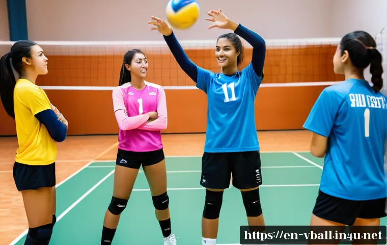 배구 대회 준비 과정 - A dynamic volleyball team practice scene on an indoor court featuring diverse teenage players wearin...