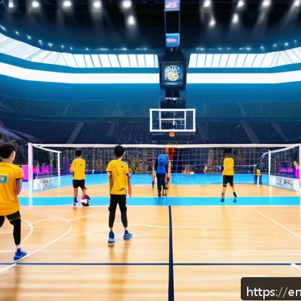 배구 관련 이벤트 기획 - A vibrant volleyball event scene at an indoor arena featuring multiple augmented reality (AR) statio...