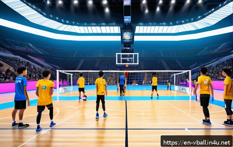 배구 관련 이벤트 기획 - A vibrant volleyball event scene at an indoor arena featuring multiple augmented reality (AR) statio...