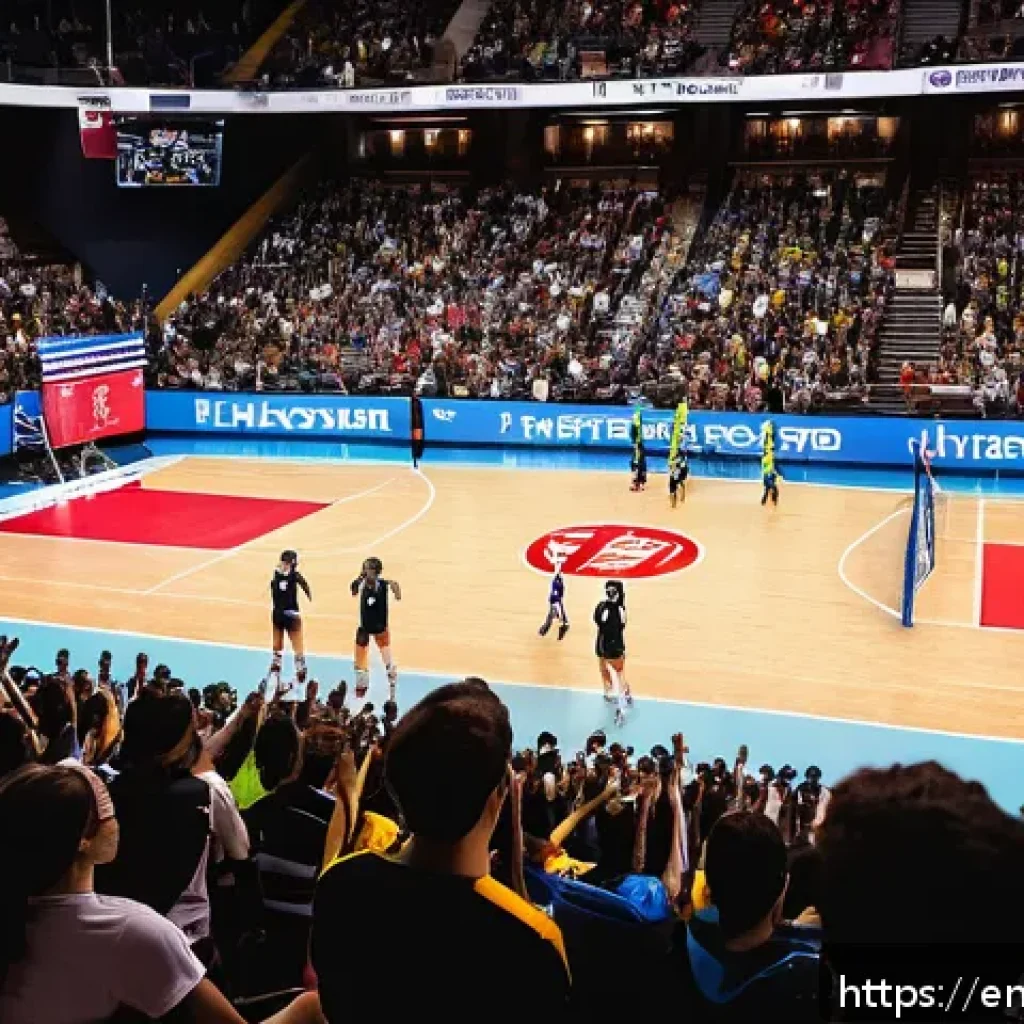 배구 인기 상승의 배경 - A dynamic scene of a professional women’s volleyball match in a packed university arena in the Unite...