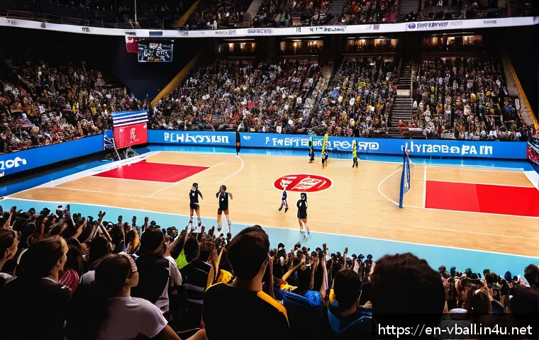 배구 인기 상승의 배경 - A dynamic scene of a professional women’s volleyball match in a packed university arena in the Unite...