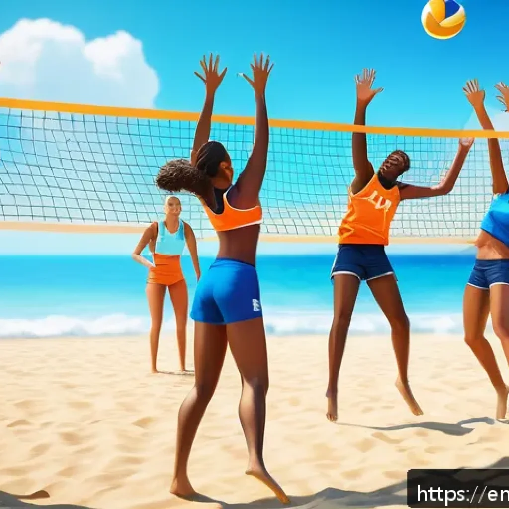 배구 관련 모바일 게임 - A vibrant mobile volleyball game scene showing a diverse team of players on a sunny beach volleyball...
