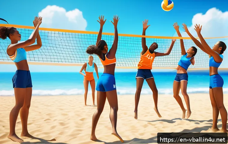 배구 관련 모바일 게임 - A vibrant mobile volleyball game scene showing a diverse team of players on a sunny beach volleyball...
