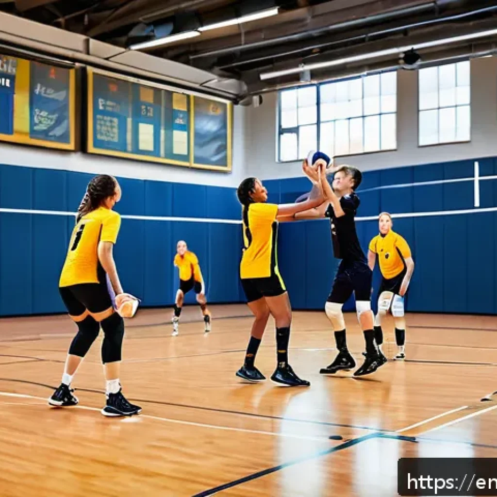 배구 관련 퀴즈 - A dynamic indoor volleyball match scene showcasing a diverse mixed-gender team in athletic attire, f...