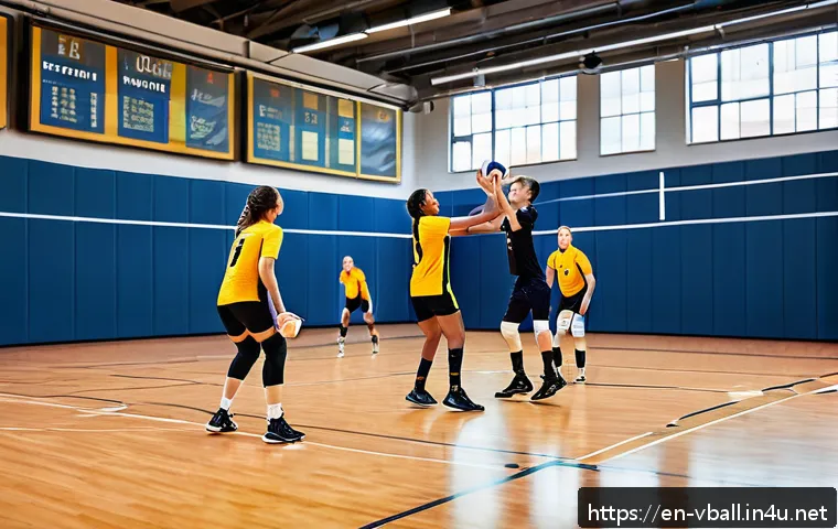 배구 관련 퀴즈 - A dynamic indoor volleyball match scene showcasing a diverse mixed-gender team in athletic attire, f...