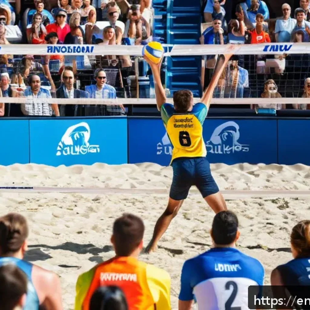 배구 커뮤니티 사이트 - A vibrant beach volleyball tournament scene featuring professional American players from the AVP, sh...