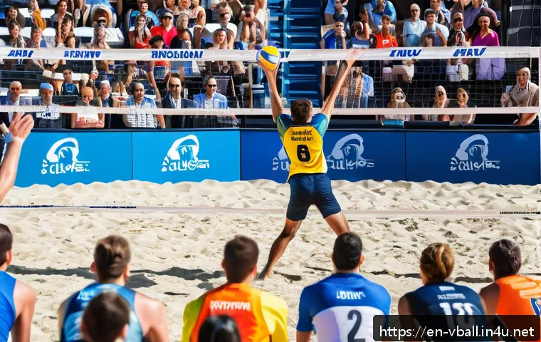 배구 커뮤니티 사이트 - A vibrant beach volleyball tournament scene featuring professional American players from the AVP, sh...