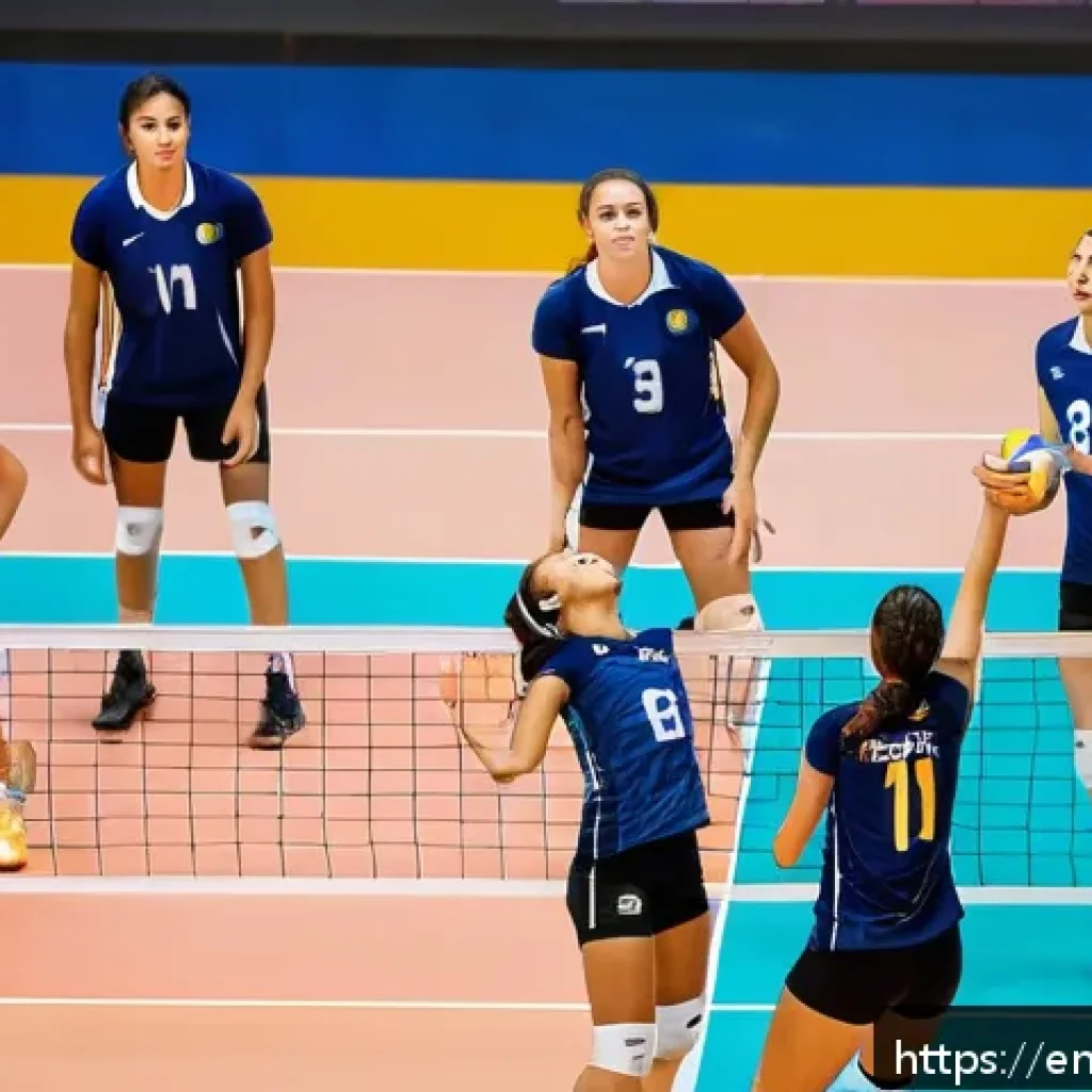 배구 게임 룰 북 - A dynamic indoor volleyball court scene showing six players in action, three positioned in the front...