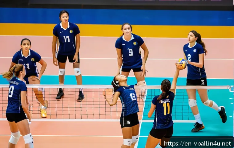 배구 게임 룰 북 - A dynamic indoor volleyball court scene showing six players in action, three positioned in the front...