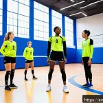 배구의 미래 - A dynamic volleyball training scene in a modern indoor gym, featuring a diverse group of youth playe...