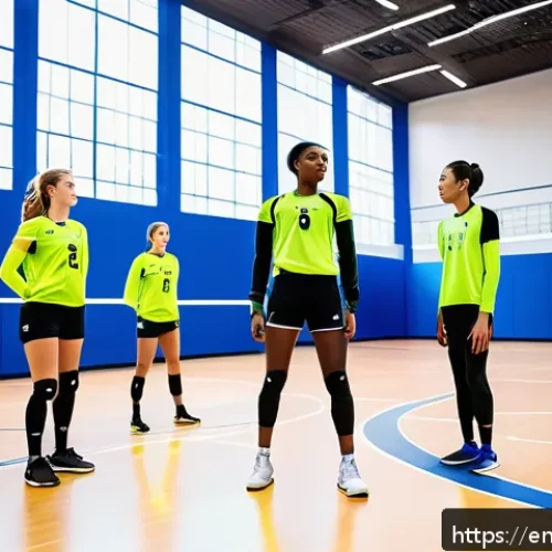 배구의 미래 - A dynamic volleyball training scene in a modern indoor gym, featuring a diverse group of youth playe...