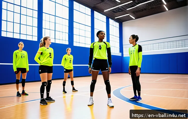 배구의 미래 - A dynamic volleyball training scene in a modern indoor gym, featuring a diverse group of youth playe...