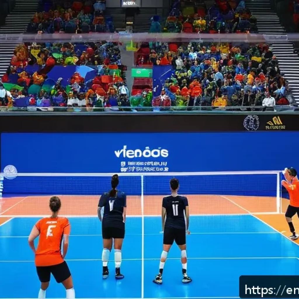 배구 전술 분석 도구 - A dynamic volleyball court scene captured with multiple high-speed cameras positioned around the are...