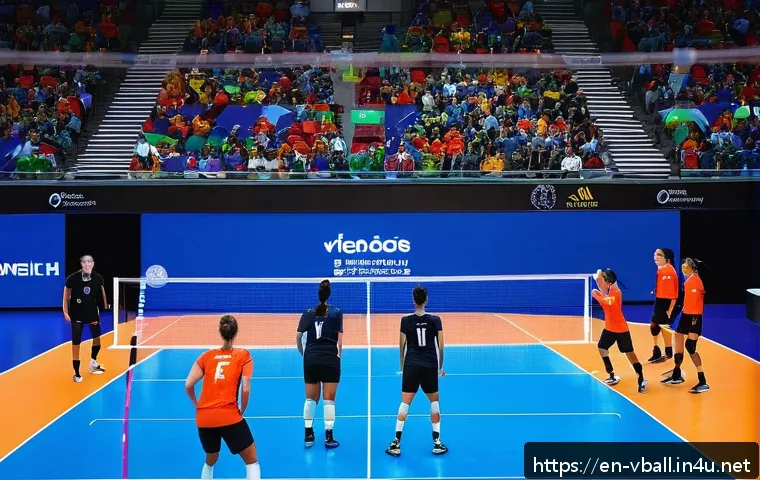 배구 전술 분석 도구 - A dynamic volleyball court scene captured with multiple high-speed cameras positioned around the are...