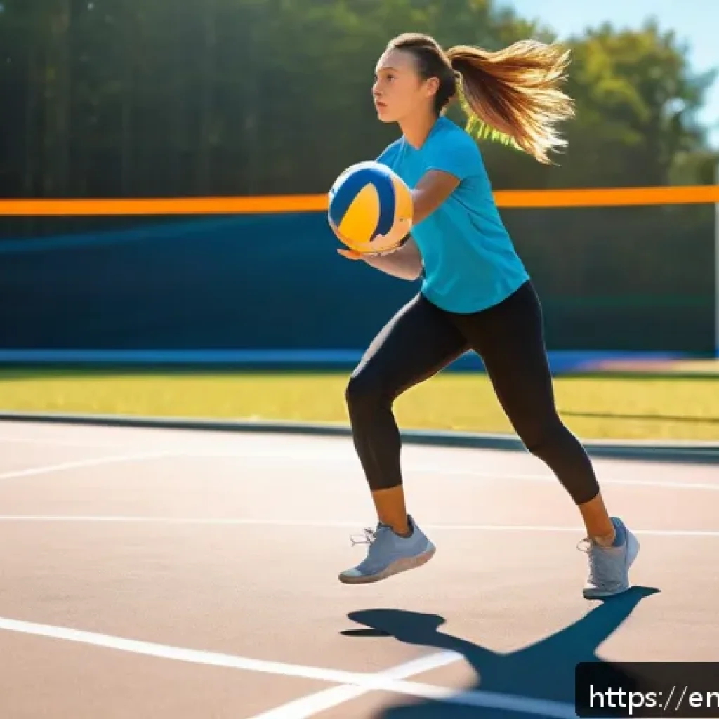 배구를 위한 유산소 운동 - A dynamic outdoor volleyball training scene featuring a young female athlete in athletic wear, perfo...