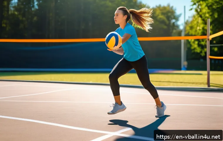 배구를 위한 유산소 운동 - A dynamic outdoor volleyball training scene featuring a young female athlete in athletic wear, perfo...