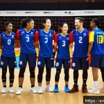 배구 팀 구성 팁 - A dynamic volleyball team huddled closely on the court during a timeout, diverse players exchanging ...