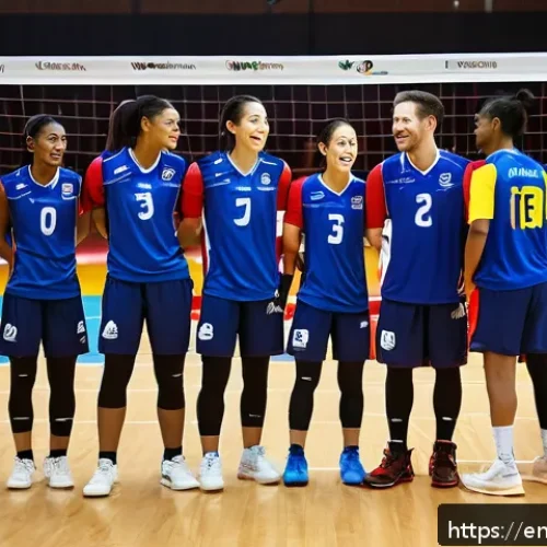배구 팀 구성 팁 - A dynamic volleyball team huddled closely on the court during a timeout, diverse players exchanging ...