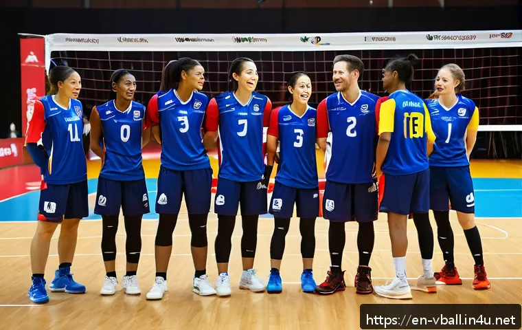 배구 팀 구성 팁 - A dynamic volleyball team huddled closely on the court during a timeout, diverse players exchanging ...
