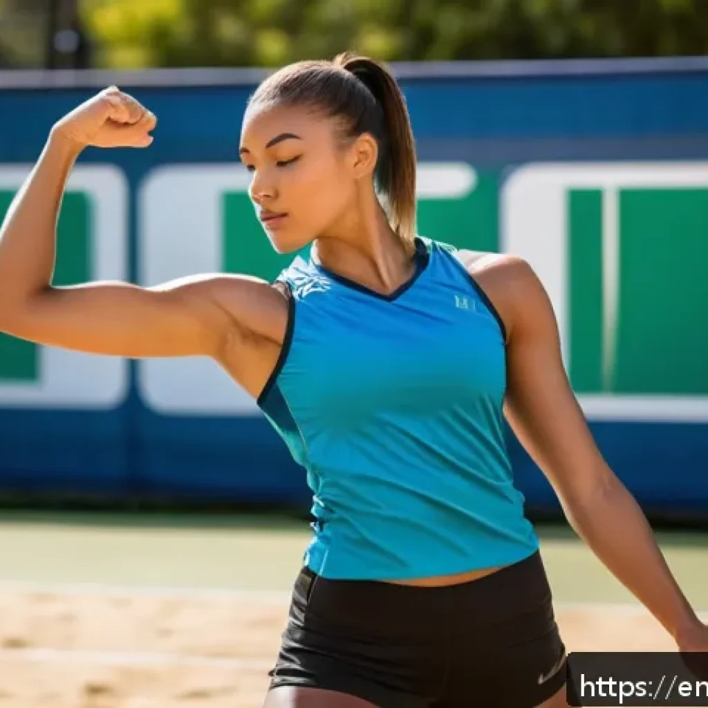 배구 경기 후 스트레칭 방법 - A fit female volleyball player in athletic wear performing a cross-body shoulder stretch outdoors on...
