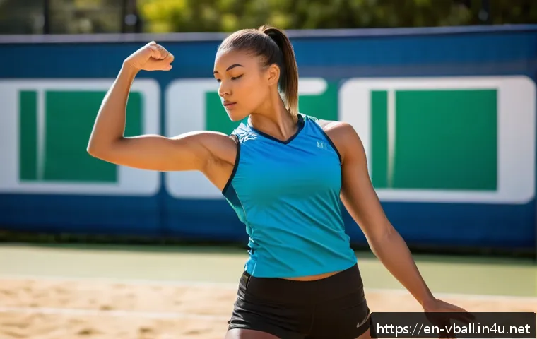 배구 경기 후 스트레칭 방법 - A fit female volleyball player in athletic wear performing a cross-body shoulder stretch outdoors on...