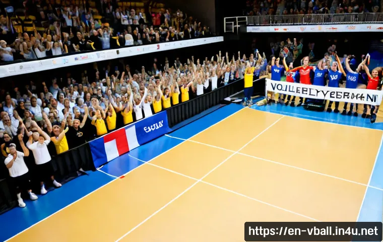 배구 팀 응원 문화 - Photorealistic indoor volleyball arena during a close match, diverse adult fans in coordinated team-...