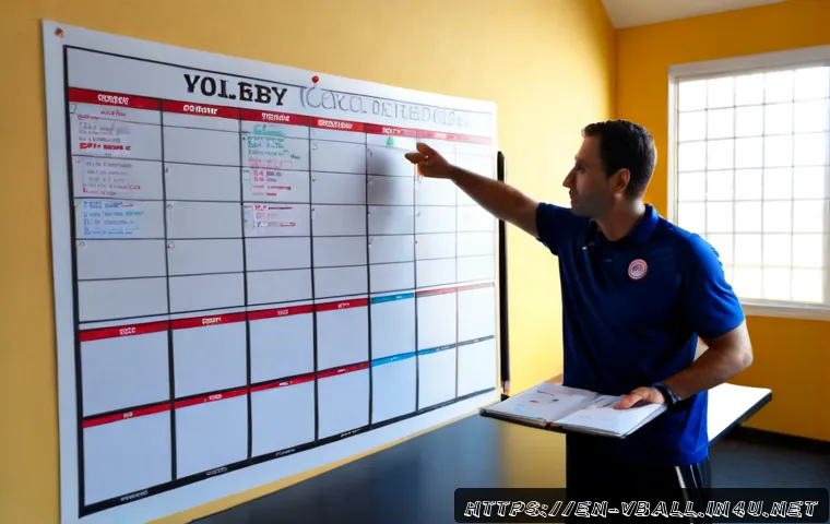 배구 훈련 스케줄 짜는 법 - Photorealistic volleyball coach planning a weekly training schedule at a clean gym-side desk, open b...