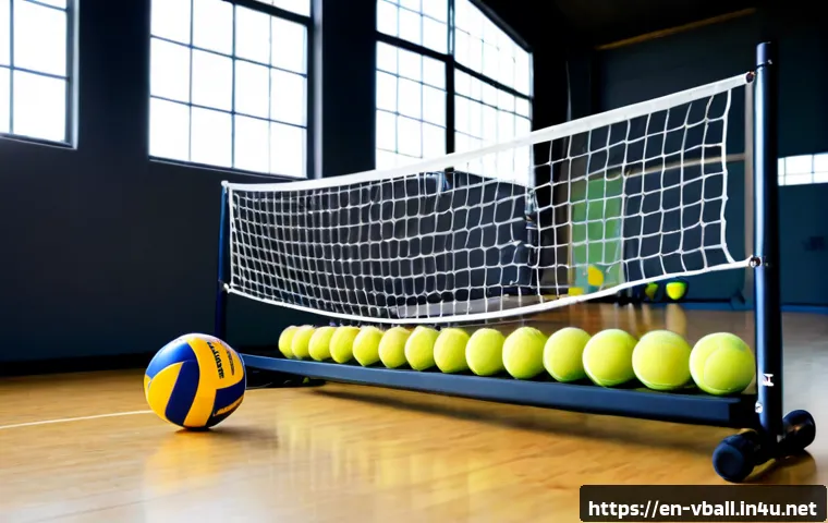 배구 훈련 소모품 - Photorealistic volleyball training supplies arranged neatly on a polished indoor gym floor: a mesh b...