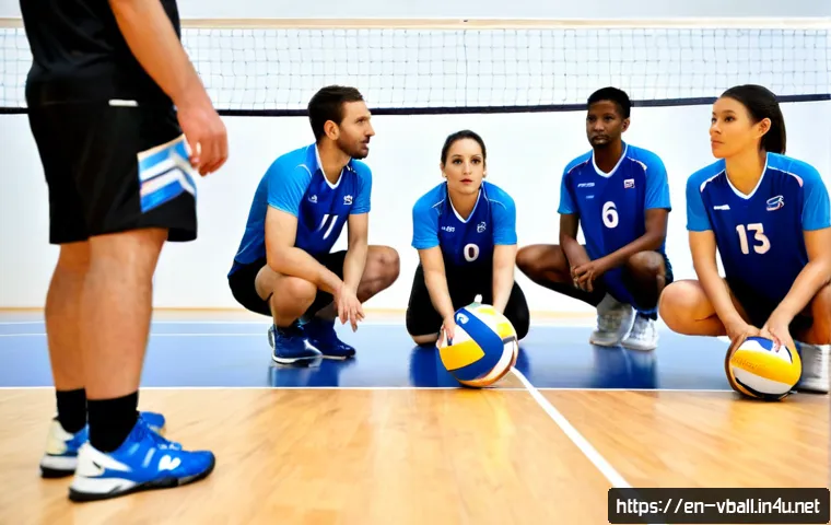 Home 30 배구 경기에서의 효과적인 작전 - Photorealistic indoor volleyball match during a strategic timeout, focused coach crouching beside a ...