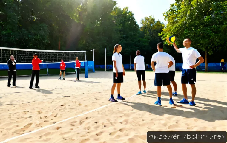 Home 17 배구 관련 이벤트 홍보 - Photorealistic community volleyball event promotion scene, sunny outdoor park court with a crisp vol...
