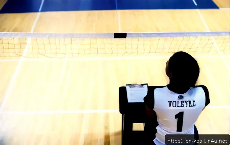 배구 경기 규칙 시험 - Photorealistic indoor volleyball court during a rules knowledge exam setting, a focused adult player...
