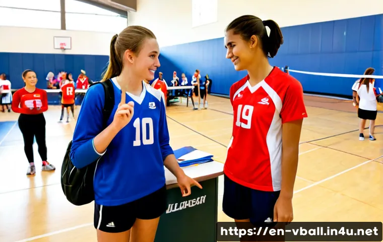 배구 유소년 대회 참가 방법 - Photorealistic youth volleyball tournament registration scene at a bright American community sports ...